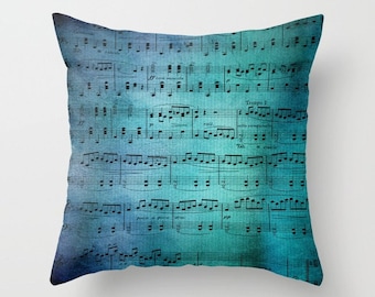 Sheet Music Throw Pillow, beautiful music, teal blue,  colorful, modern, jewel tones, decor, pillows, cushions, throw pillow