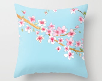 Cherry Blossom on Blue Throw Pillow, watercolor flowers, pink feminine, floral decor, pillows, throw pillow