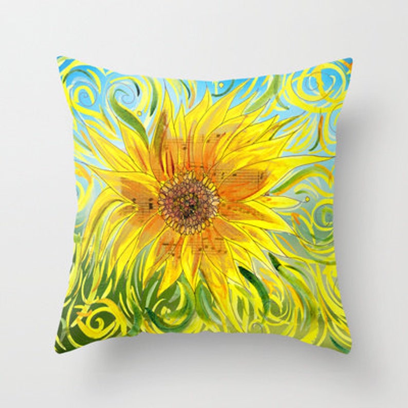 Sunflower Throw Pillow, beautiful music, brown, tan, colorful, modern, aged, decor, pillows, cushions, throw pillow image 1