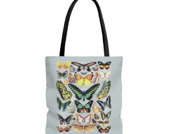 Vintage Butterfly Illustrations on Gray Tote Bag - large tote, gym, grocery, beach