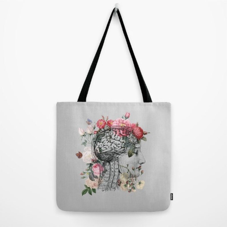 Beautiful Brain Tote Bag print accessories roses gray floral travel bag retro brain book bag book bag anatomical illustration