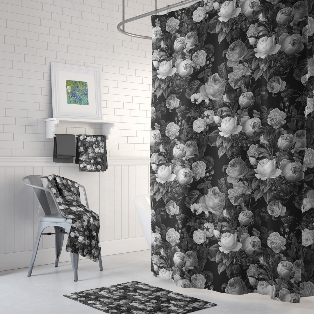 Black and White Floral Shower Curtain Set Deep Dark Floral Etsy