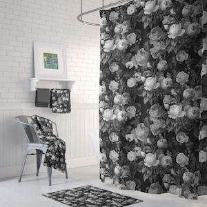 Black and White Floral Shower Curtain Set -  Deep dark floral cabbage roses, elegant bathroom