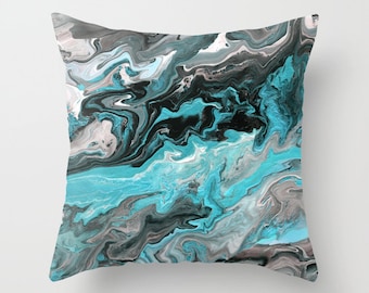 Turquoise and Gray Marble decorative Throw Pillow,  paint swirls,  abstract, modern, sophisticated,  beautiful chic decor