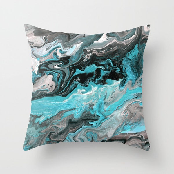 Turquoise and Gray Marble decorative Throw Pillow,  paint swirls,  abstract, modern, sophisticated,  beautiful chic decor