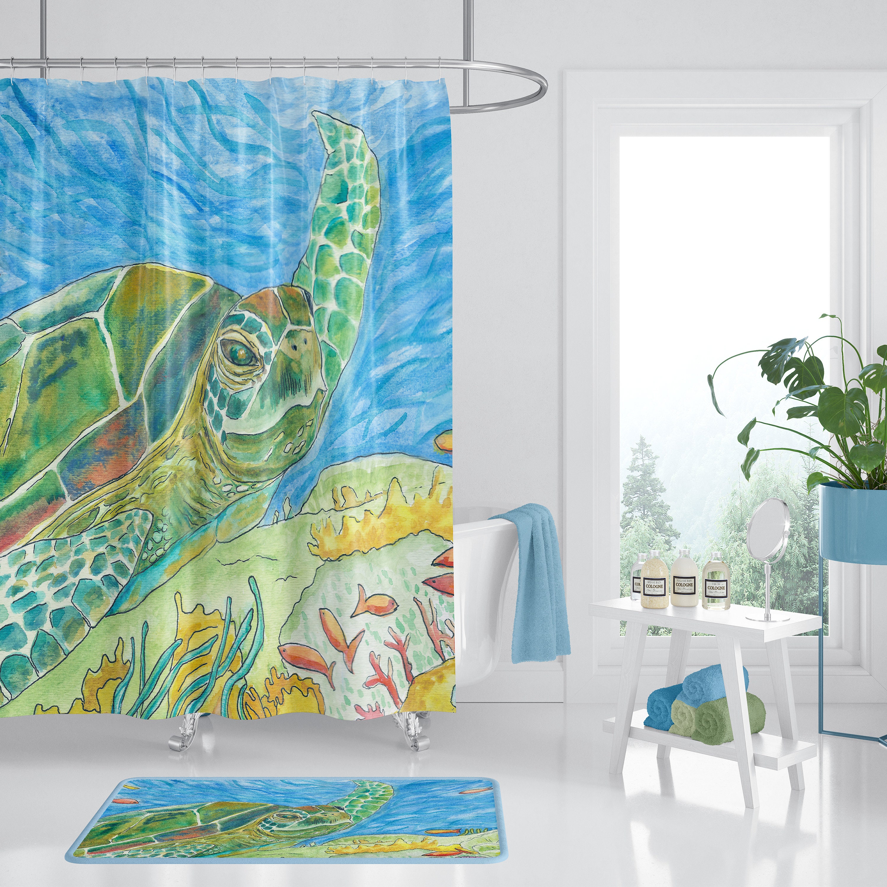 Sea Turtle Shower Curtain - Watercolor Sea Turtle Art for your bathroom, Surf beach, surfer, blue green coastal decor, bathroom