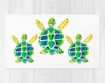 Sea Turtle Love Bath Mat -  vibrant green , watercolor painting, sea life design, ocean, surf, surfer, rubber backed, Plush mat -  matches