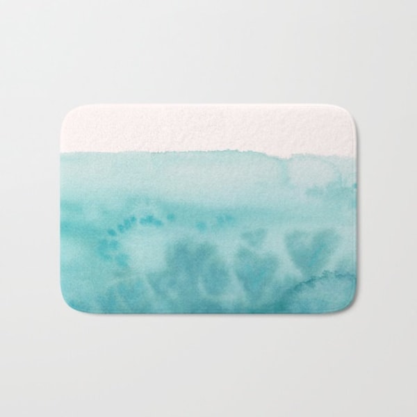 Aqua teal Watercolor Bath Mat - Waves of Love -  hearts - watercolor,  plush, rubber backed, bathroom decor