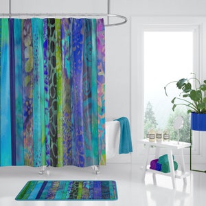 Boho Blues Shower Curtain - rich cool Jewel tone batik stripe,  blue, green, indigo