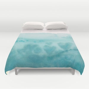 Aqua Teal Watercolor Duvet Cover or Comforter, "Waves of Love" duvet or comforter,  white, beautiful, bedroom decor, coastal