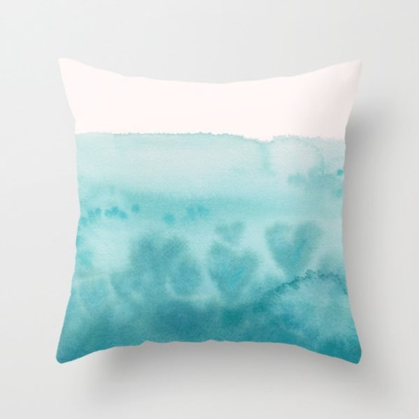 Aqua Teal Watercolor Throw Pillow , Waves of Love,  teal and white, hearts, ocean, coastal, throw pillow, cushion, cute, sofa, bed, dorm