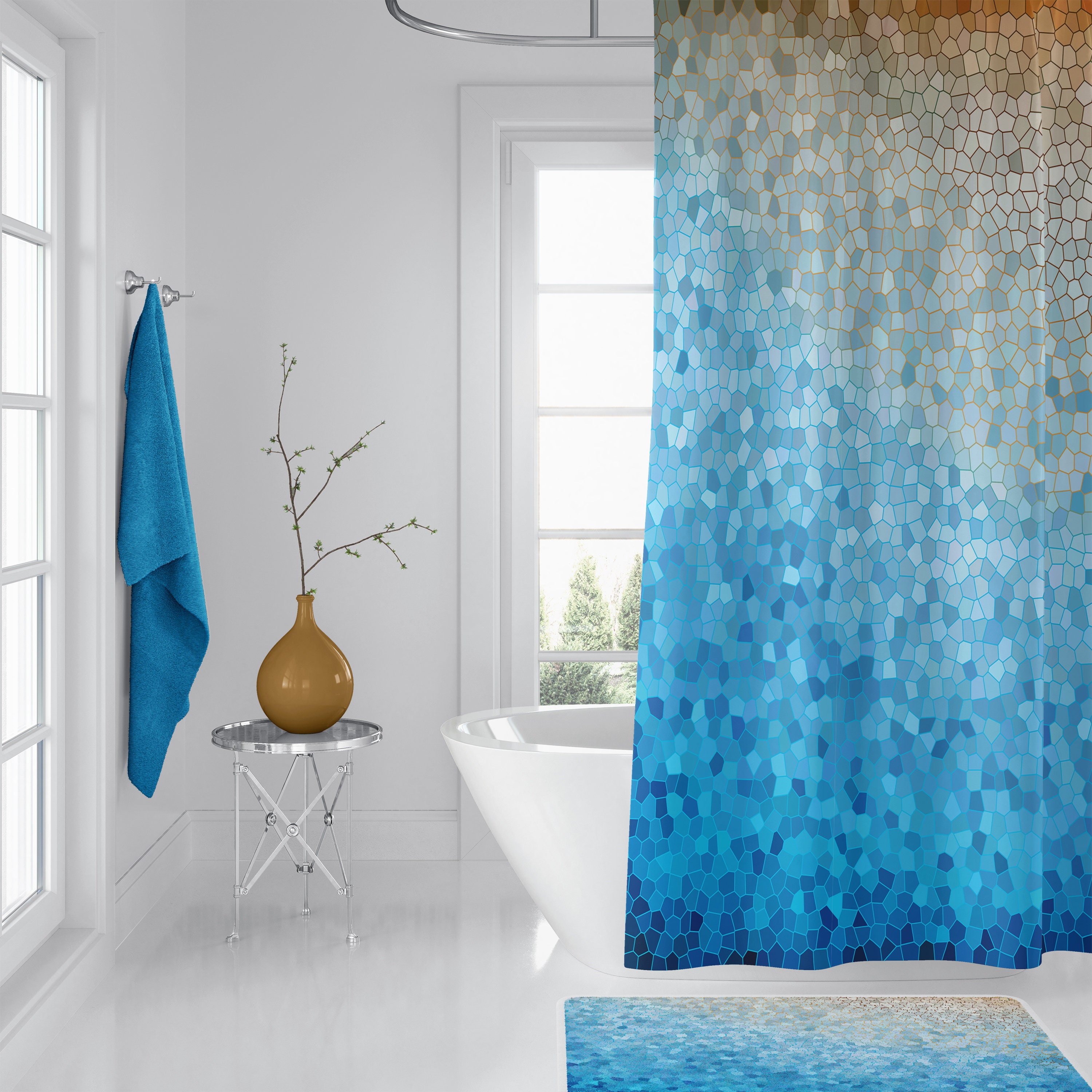 blue yellow shower curtain