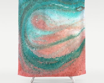 Beautiful Shower Curtain - Mint and Peach Mosaic "Beach Day" , unique fabric , teal, peach, mint , pastel bathroom decor,