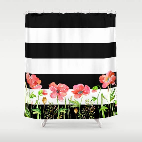 Floral Shower Curtain With Black And White Stripes Poppies Etsy