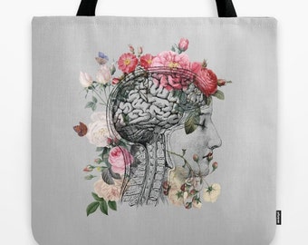 Beautiful Brain Tote Bag, floral, retro brain,  roses, book bag,  travel bag, anatomical illustration, book bag,  print accessories, gray