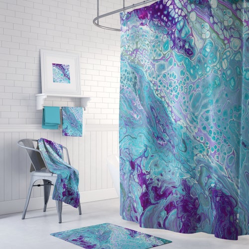 Turquoise and Purple Marble Shower Curtain Set Modern Marble Etsy