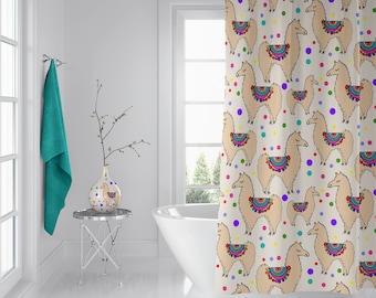 Llama Party Shower Curtain - Colorful Circles - happy llama shower curtain - fun, happy, bright, bathroom decor