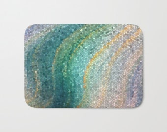 Bath Mat -  Mosaic Wave &quot;Distant Shores&quot; green, teal, aqua, wave, ocean, island, coastal decor, colorful, vibrant, rubber backed, Plush mat