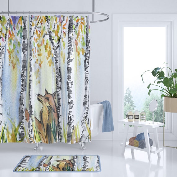 Woodland Fox Shower Curtain Home Watercolor Birch Image 0