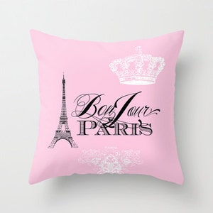 Pink Paris pillow Bonjour Paris throw pillow, Eiffel Tower, girlie, crown, throw pillow, home, decor, designer, travel theme image 1
