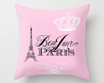 Pink Paris pillow -  Bonjour Paris throw pillow, Eiffel Tower, girlie, crown, throw pillow, home, decor, designer, travel theme