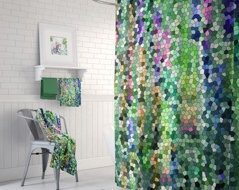 Emerald Mosaic Shower Curtains - green abstract beautiful bathroom