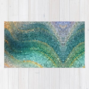 Mermaid Bath Mat -  Mosaic Wave "Mermaid's Tail" green, teal, aqua, wave,  coastal decor, colorful, vibrant, rubber backed, Plush mat