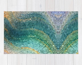 Mermaid Bath Mat -  Mosaic Wave "Mermaid's Tail" green, teal, aqua, wave,  coastal decor, colorful, vibrant, rubber backed, Plush mat