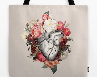 Floral Anatomical Heart Tote Bag: Dark Retro Roses Travel Bag
