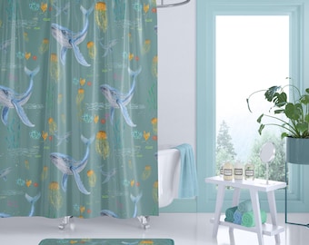 Whale-Themed Shower Curtain, Ocean Decor, Bathroom Accessories, Nautical Gift, Beach House Style, Whale Art