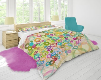 Watercolor Rings Duvet Cover: Abstract Colorful Bedroom Linens