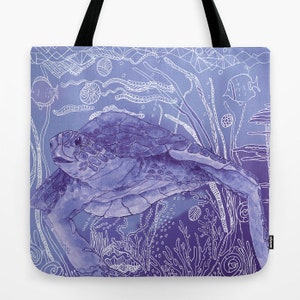 Sac fourre-tout pervenche tortue de mer, beau design océan violet, cadeau de rentrée, livres, piscine, salle de sport