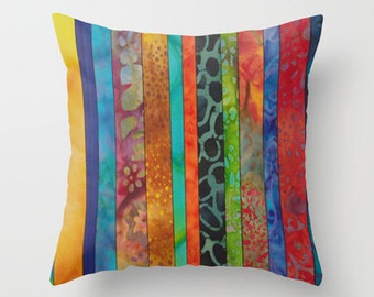 Beautiful Batik Stripe Throw Pillow, blue red green colorful, modern, jewel tones, boho home decor