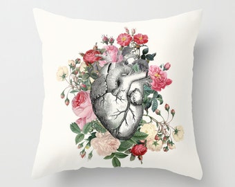 Roses for her Heart Throw Pillow, Love, valentine gift for her, love,  rectangular, anatomical heart, roses cushion, cute, sofa, bed, dorm