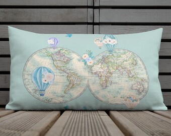 Hot Air Balloons and maps Throw Pillow - Travel decor, soft pastel