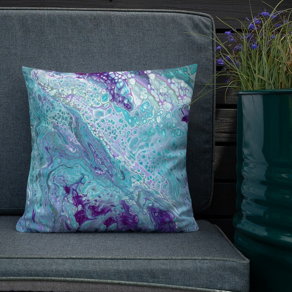 Turquoise and Purple Marble Pillow - accent cushion, marbled, modern