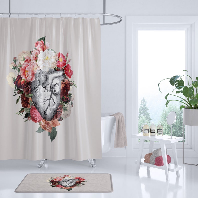 Floral Anatomy Heart Shower Curtain Illustration vintage roses, floral Heart, love, anatomical heart, life, death, dark red image 1