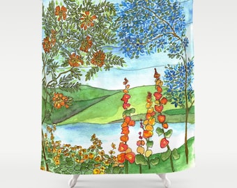 Landscape Shower Curtain - Beautiful Scene - Fabric - trees, flowers, mountains, lake, scenery, bathroom makeover