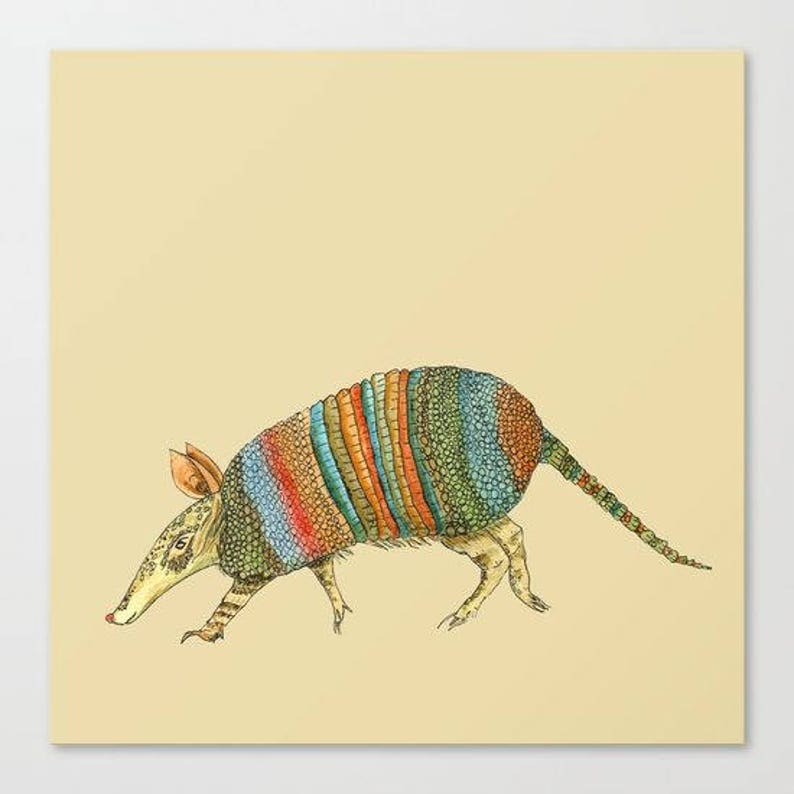 May include: A colorful armadillo with a multi-colored shell, including shades of green, blue, orange, and red, is walking on a light yellow background.
