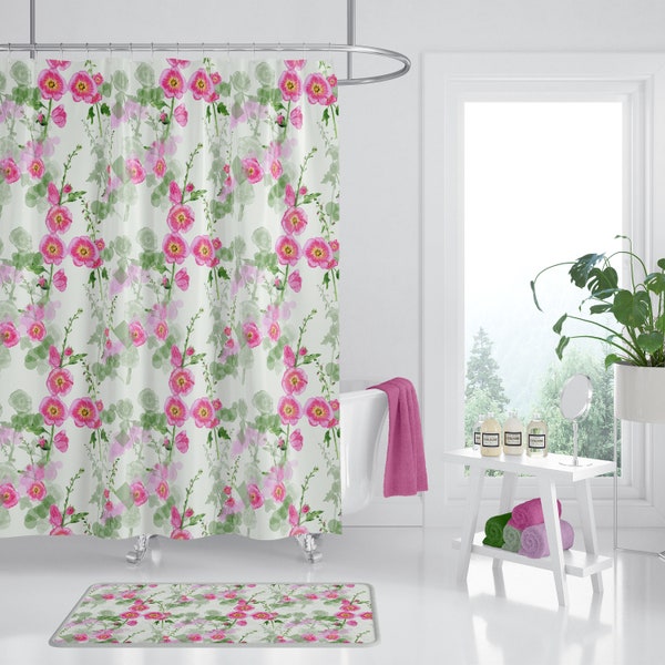 Hollyhock Floral Pattern Shower Curtain - pink and green - Fabric - beautiful bathroom makeover, spring and summer flowers