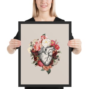 Floral Anatomy Heart Framed Art - Anatomical Heart with roses - dark heart, love, life and death