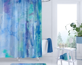 Blue Watercolor Shower Curtain: Abstract Coastal Bathroom Decor
