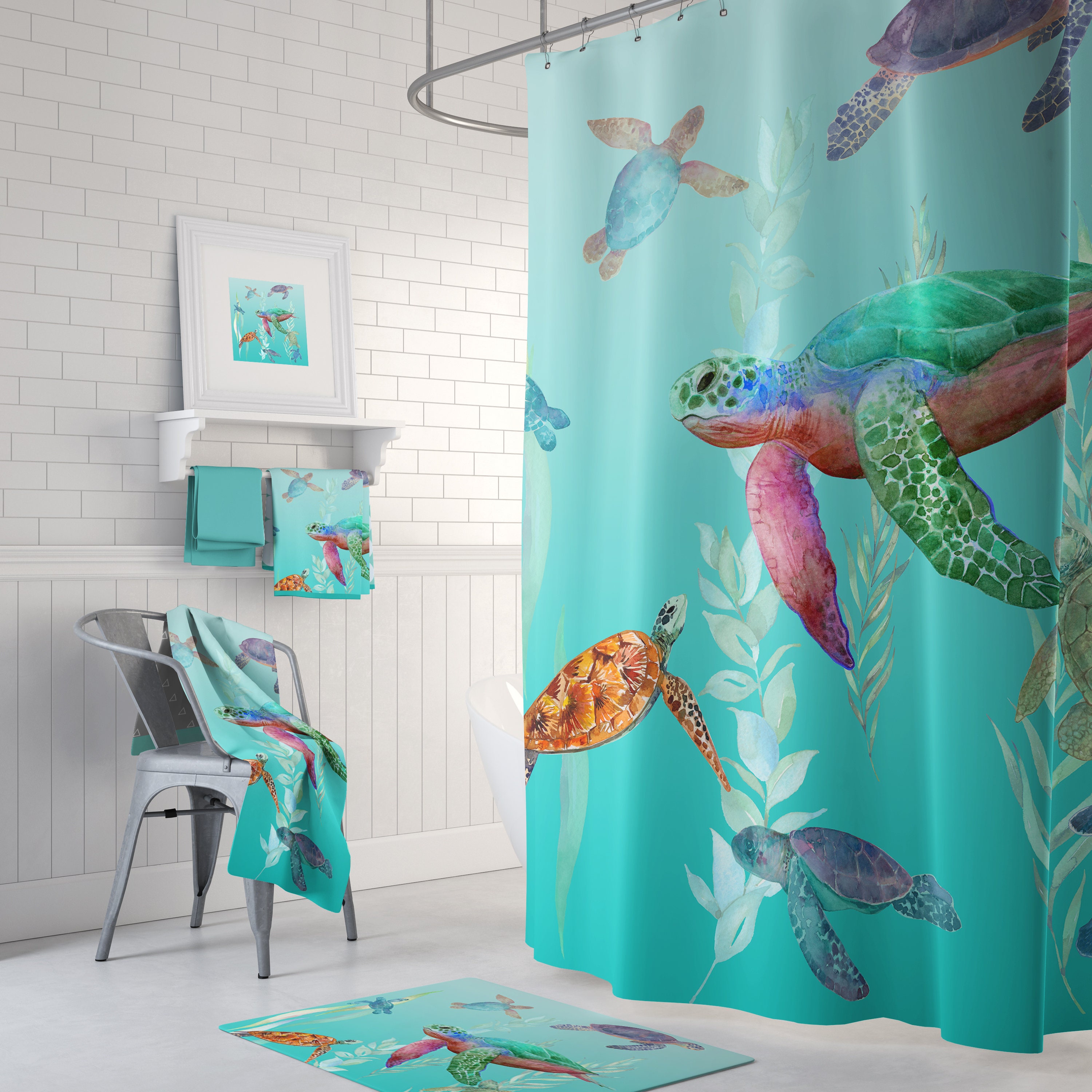 Colorful Watercolor Sea Turtles Shower Curtain Aqua, Ocean Life, Reef 