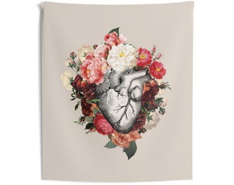 Dark Heart Indoor Wall Tapestry - love, anatomical heart, floral anatomy