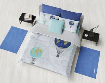 Hot Air Balloons Duvet Cover or Comforter, "World Flight" duvet or comforter, blue, beautiful, bedroom travel decor