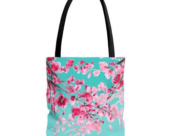 Rosa Kirschblüte Floral Einkaufstasche | Aqua Hintergrund