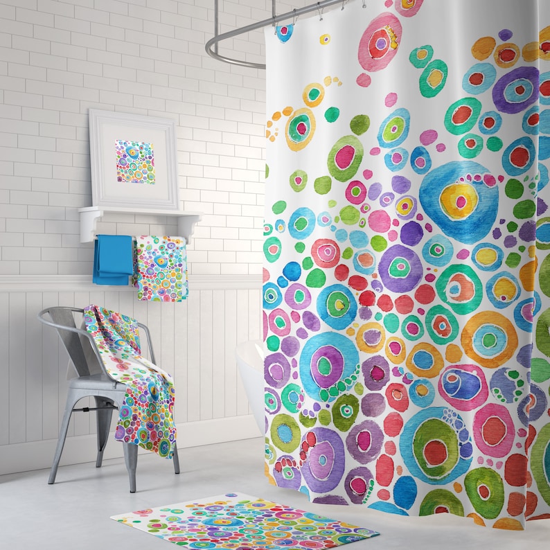 Colorful Shower Curtain Set Inner Circle Bubbles Abstract Image 0