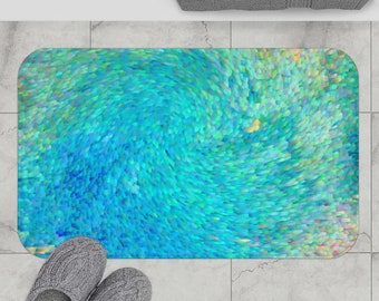 Ocean Reef Bath Mat -  abstract ocean  green, teal, aqua, wave,  coastal decor, colorful, vibrant, rubber backed, Plush mat