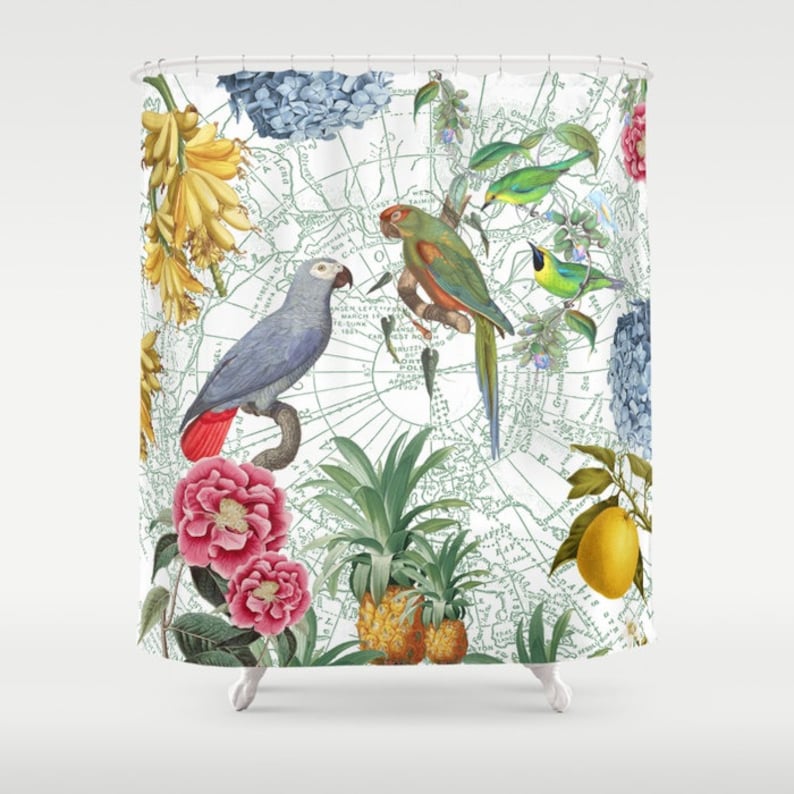 Tropical Parrot Shower Curtain Birds Flowers Fruit Etsy