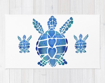 Sea Turtle Love Bath Mat -  vibrant blue , watercolor painting, sea life design, ocean,  surfer, honu rubber backed, Plush mat -  matches